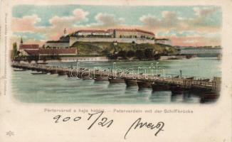 Újvidék Pétervárad, Petervardein; hajóhíd; Herger áruház kiadóhivatala / pontoon bridge, litho