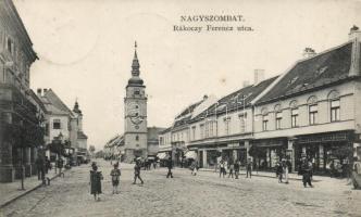 Nagyszombat, Rákóczi utca, Horovitz Adolf kereskedése; kiadja a nagyszombati dohánynagytőzsde / street, shops