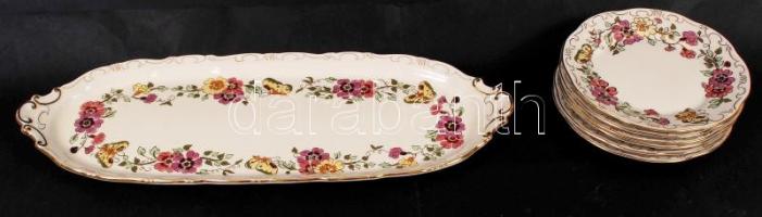 Zsolnay pillangó mintás süteményes készlet, kézzel festett, jelzett, hibátlan/ Zsolnay cake set