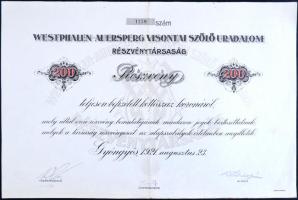 Gyöngyös 1921. "Westphalen-Auersperg Visontai Szőlő Uradalom Részvénytársaság" részvénye 200K-ról, hátlapon írás T:II