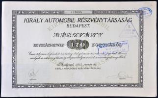 Budapest 1923. "Király Automobil Részvénytársaság" részvénye 170K-ról szelvényekkel, felülbélyegzéssel T:I-