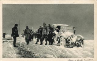 Jelenet a kárpáti harcokból, Az Érdekes Újság kiadása / Carpathians, winter, soldiers, automobile, edition of the Hungarian "Interesting Newspaper"