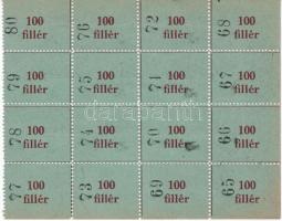 I vh. alatt (1914-1918) segélypénzek 100 fillér névértékben "Honvédelmi szolgálatot teljesítő iparostársaink hozzátartozói megsegítésére" sorszámozott (65-80) ívrészlet 16db T:I