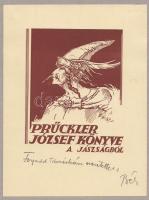 Petry Béla Albert (1902-1996): Ex Libris, Prückler József könyve. Fametszet, papír, jelzett, 10x13 cm.