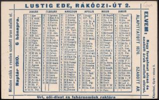 1910 Bp., Rákóczi út, Lustig Ede Úri, női divat és fehérneműk raktára kártyanaptár