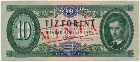 1947. 10Ft "000 - 00675" sorozat és sorszámmal illetve piros "MINTA" felülnyomással és perforációval T:I Hungary 1947. 10 Forint with "000 - 00675" serial number and with red "MINTA" (SPECIMEN) overprint and perforation C:UNC Adamo F2Ma