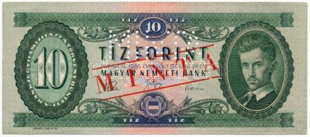1960. 10Ft "A 306 - 044340" sorozat és sorszámmal illetve piros "MINTA" felülnyomással és perforációval T:I- (hajtatlan, kis szamárfül) Hungary 1960. 10 Forint with "A 306 - 044340" serial number and with red "MINTA" (SPECIMEN) overprint and perforation C:AU (unfolded) Adamo F5M