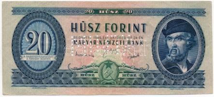 1949. 20Ft "C 102 - 076103" sorozat és sorszámmal illetve piros "MINTA" felülnyomással és perforációval T:II-,III Hungary 1949. 20 Forint with "C 102 - 076103" serial number and with red "MINTA" (SPECIMEN) overprint and perforation C:VF,F Adamo F10M1
