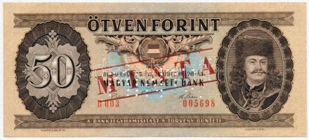1975. 50Ft "D 003 - 005698" sorozat és sorszámmal illetve piros "MINTA" felülnyomással és perforációval T:I Hungary 1975. 50 Forint with "D 003 - 005698" serial number and with red "MINTA" (SPECIMEN) overprint and perforation C:UNC Adamo F21M