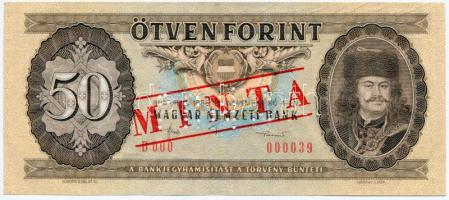 1986. 50Ft "D 000 - 000039" sorozat és sorszámmal illetve piros "MINTA" felülnyomással és perforációval T:I Hungary 1986. 50 Forint with "D 000 - 000039" serial number and with red "MINTA" (SPECIMEN) overprint and perforation C:UNC Adamo F24Ma