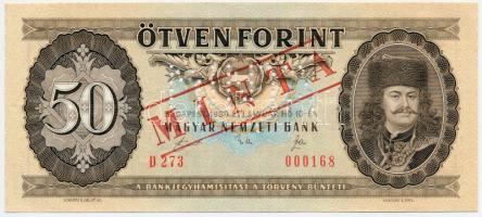 1989. 50Ft "D 273 - 000168" sorozat és sorszámmal illetve piros "MINTA" felülnyomással és perforációval T:I Hungary 1989. 50 Forint with "D 273 - 000168" serial number and with red "MINTA" (SPECIMEN) overprint and perforation C:UNC Adamo F25M