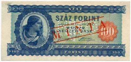 1946. 100Ft "B 095 - 056502" sorozat és sorszámmal illetve piros "MINTA" felülnyomással és perforációval T:I (kis folt) Hungary 1946. 100 Forint with "B 095 - 056502" serial number and with red "MINTA" (SPECIMEN) overprint and perforation C:UNC (small ink) Adamo F26M
