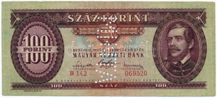 1947. 100Ft "B 142 - 069520" sorozat és sorszámmal illetve "MINTA" perforációval T:II-,III Hungary 1947. 100 Forint with "B 142 - 069520" serial number and with "MINTA" (SPECIMEN) perforation C:VF,F Adamo F27M1a