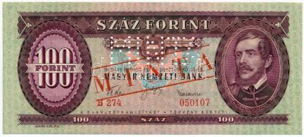 1960. 100Ft "B 274 - 050107" sorozat és sorszámmal illetve piros "MINTA" felülnyomással és perforációval T:I Hungary 1960. 100 Forint with "B 274 - 050107" serial number and with red "MINTA" (SPECIMEN) overprint and perforation C:UNC Adamo F30M