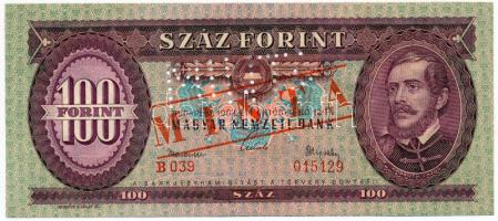 1962. 100Ft "B 039 - 015129" sorozat és sorszámmal illetve piros "MINTA" felülnyomással és perforációval T:I Hungary 1962. 100 Forint with "B 039 - 015129" serial number and with red "MINTA" (SPECIMEN) overprint and perforation C:UNC Adamo F31M