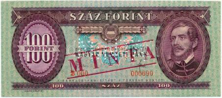 1968. 100Ft "B 000 - 000690" sorozat és sorszámmal illetve piros "MINTA" felülnyomással és perforációval T:I Hungary 1968. 100 Forint with "B 000 - 000690" serial number and with red "MINTA" (SPECIMEN) overprint and perforation C:UNC Adamo F32Ma