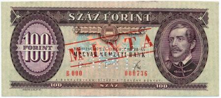 1975. 100Ft "B 000 - 000736" sorozat és sorszámmal illetve piros "MINTA" felülnyomással és perforációval T:I Hungary 1975. 100 Forint with "B 000 - 000736" serial number and with red "MINTA" (SPECIMEN) overprint and perforation C:UNC Adamo F33Ma