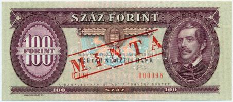 1992. 100Ft "B 000 - 000098" sorozat és sorszámmal illetve piros "MINTA" felülnyomással és perforációval T:I Hungary 1992. 100 Forint with "B 000 - 000098" serial number and with red "MINTA" (SPECIMEN) overprint and perforation C:UNC Adamo F37Ma
