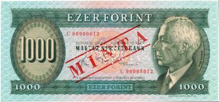 1983. 1000Ft "C 00000012" sorszámmal illetve piros "MINTA" felülnyomással és perforációval T:I (kis szamárfül) Hungary 1983. 1000 Forint with "C 00000012" serial number and with red "MINTA" (SPECIMEN) overprint and perforation C:UNC Adamo F45.1M