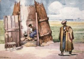 19 db régi művészi lap a Hortobágyról / 19 art cards, Hortobágy, pinx. Kovács, Pálfy József