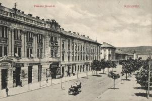 Kolozsvár, Ferenc József út, Első Magyar Biztosító Társaság, Baktay I. üzlete, Fesztinger Dávid liszt raktára, Torday Viktor üzlete, Schuster Emil kiadása / street, insurance, shops, flour warehouse (fl)
