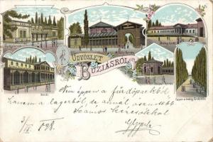 1898 Buziás, Gyógyterem, Mihály forrás, Meleg fürdő, Bazár, József forrás, Fasor a meleg fürdőhöz / spa, source, bazaar, litho (fa)
