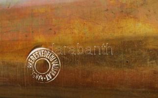 Antik csapatkürt, jelzett, réz, bársonyfonat, bojtokkal, h:38 cm