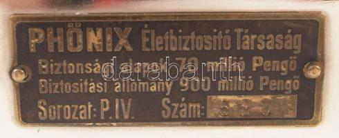 Antik Phönix persely, fém, kulccsal, jelzett, 10×8 cm