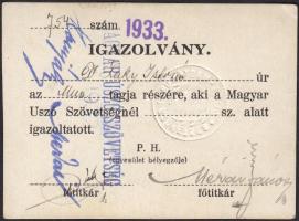 1933 Bp., Magyar Úszó Szövetség által kiállított fényképes tagsági igazolvány