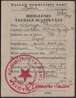 1948 Cinkota, Magyar Kommunista Párt által kiállított ideiglenes tagsági igazolvány