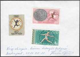 1968 A legjobb magyar atléta aláírása borítékon (4 olimpia, 3 dobogós helyezés szöveggel)