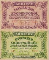 1946 50.000 Adópengő + 100.000 Adópengő mindkettő teljes hosszúságú papírránccal T:II