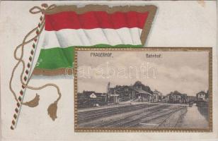 1916 Pragersko, Pragerhof; Bahnhof. Verlag Amalie Churfürst No. 03140. / Railway station. Hungarian flag, Emb. litho (cut)