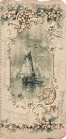 Sailing boats, floral, litho, minicard, Emb (6 x 13,2 cm)