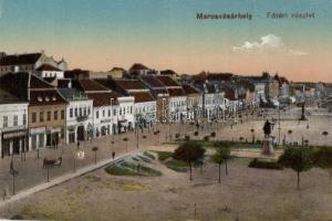 Marosvásárhely, főtér, Lukács János boltja, Lang Béla boltja, gyógyszertár,  Porjes S. Sándor kiadása  / square, shops, pharmacy, published by Sándor S. Porjes