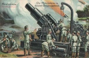Feldskizze, Handkolorit, Die Motorbatterien im deutschen Belagerungsdienste / German military; WWI cannon s: Stieglitz