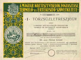 1922 Magyar Köztisztviselők Fogyasztási, Termelői és Értékesítő Szövetkezete, egy törzsüzletrészjegy 60 K-ról