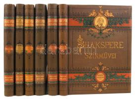 Shakspere [Shakespeare] színművei. I.-VI. kötet teljes! Fordítják többen. A Kisfaludy-Társaság javított kiadása. Közel 600 illustratióval. Bp., 1886-1891. Ráth Mór, Franklin-Társulat. 1. köt. Tragoediák I. 2. köt. Tragoediák II.  4. köt. Történelmi színművek II.  5. köt. Víg és regényes színjátékok I.  6. köt. Víg és regényes színjátékok II. Egységes, kiadói, festett, aranyozott, dombornyomásos egészvászon díszkötésben, körül aranyozott élmetszéssel. Kifogástalan állapotú, gyönyörű sorozat
