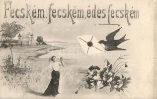 "Fecskéim, fecskéim, édes fecskéim" woman, castle, floral, swallow, mail