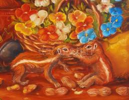 Jelzés nélkül: Mókusos asztali csendélet. Olaj, vászon, újszerű keretben, 33×50 cm