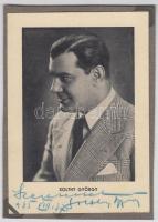 1935 Solthy György (1904-1961) színész 1935. augusztus 27-én dedikált lapja, kartonra felragasztva, a kép nyomdai sokszorosítással készült, 14x10 cm