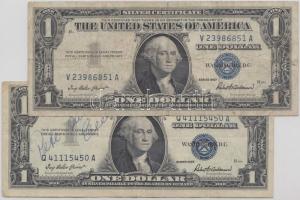 Amerikai Egyesült Államok 1957. 1$ (2x) kék színű pecsételéssel T:III USA 1957. 1 Dollar (2x) with blue seal C:F