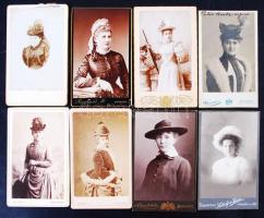 cca 1890-1920 Kalapdivat a polgári hölgyek körében, 8 db keményhátú fotó miskolci, soproni, temesvár...