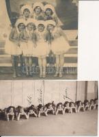 1928 Táncos lányok a próbateremben és a színpadon, fellépő ruhácskában, az egyik képen középen hajtásnyom, 2 db fotó, 8x13 cm és 11x11 cm