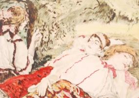 Prihoda István-Csók István: Déli pihenő. Színezett rézkarc, papír, jelzett, üvegezett keretben 38×49...