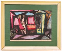 Gerő András (1935): Telefonfülkénél, akvarell-papír, jelzett, keretben 63x78 cm (apró sérülés)