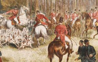 Cca 1900 H. Lüders: Kezdődik a vadászat. Színezett fametszet, hajtott, üvegezett keretben, 35×49 cm