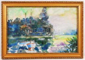 Vince Győző (1925-2001): Vízparton. Akvarell, papír, jelzett, üvegezett keretben, 32×46 cm