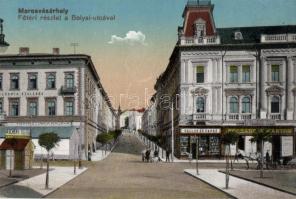 Marosvásárhely, Főtér, Bolyai utca, Pallos és Papné boltja, Transilvánia Szálloda és Kávéház, Ascher I. ruha boltja, Pocsanov Márton méteráru boltja, Porjes S. Sándor kiadása / square, street, shops, hotel, cafe