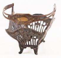 Antik kínáló kosár, fém, jelzett, üvegbetét nélkül, gazdagon díszített, 20×21 cm